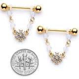 14G 5/8 Clear Gem Gold Tone Dainty Flower Dangle Nipple Ring Set