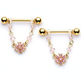 14G 5/8 Pink Gem Gold Tone Dainty Flower Dangle Nipple Ring Set