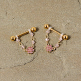 14G 5/8 Pink Gem Gold Tone Dainty Flower Dangle Nipple Ring Set