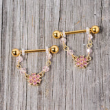 14G 5/8 Pink Gem Gold Tone Dainty Flower Dangle Nipple Ring Set