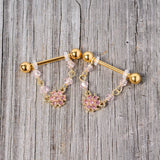 14G 5/8 Pink Gem Gold Tone Dainty Flower Dangle Nipple Ring Set