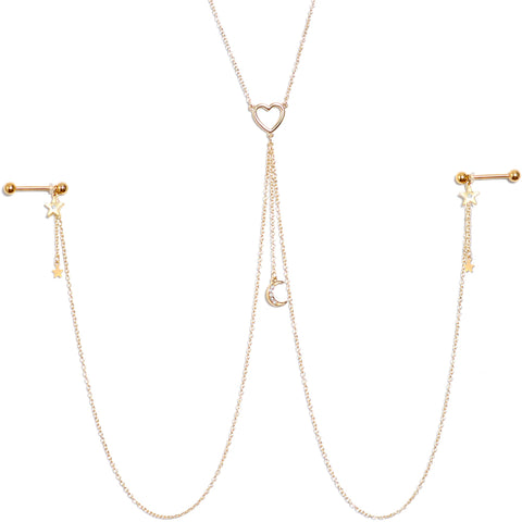 14G 5/8 Clear Gem Gold Tone Heart Star Nipple Chain Necklace