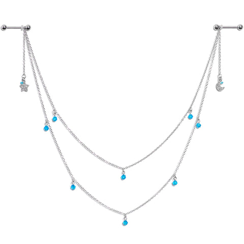 14G 5/8 Blue Gem Moon Star Double Dangle Nipple Chain
