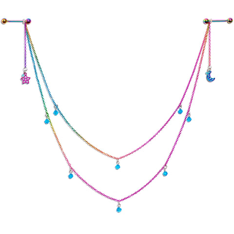 14G 5/8 Blue Gem Rainbow Moon Star Double Dangle Nipple Chain