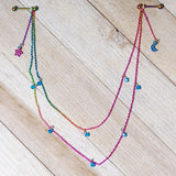 14G 5/8 Blue Gem Rainbow Moon Star Double Dangle Nipple Chain