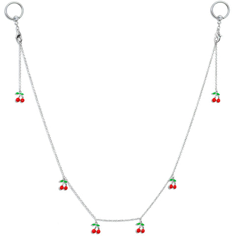 14G 9/16 Clear Gem Red Cherry Captive Ring Dangle Nipple Chain