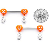 14G 5/8 Orange Pumpkin Skull Halloween Dangle Nipple Ring Set