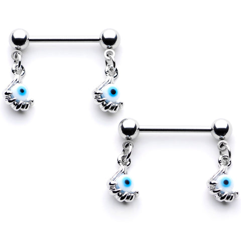 14G 5/8 Blue Eyeball Hand Halloween Dangle Nipple Ring Set