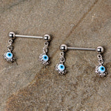 14G 5/8 Blue Eyeball Hand Halloween Dangle Nipple Ring Set