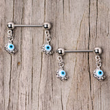 14G 5/8 Blue Eyeball Hand Halloween Dangle Nipple Ring Set