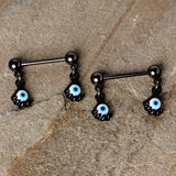 14G 5/8 Black Blue Eyeball Hand Halloween Dangle Nipple Ring Set