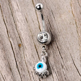 Clear Gem Blue Eyeball Hand Halloween Dangle Belly Ring