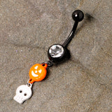 Clear Gem Black Orange Pumpkin Skull Halloween Dangle Belly Ring