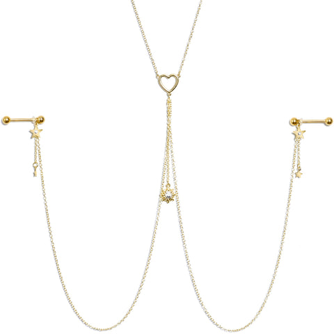 14G 5/8 Clear Gem Gold Tone Sun Heart Star Nipple Chain Necklace