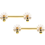 14G 9/16 Clear Gem Gold Tone Flower Bee Barbell Nipple Ring Set