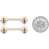 14G 9/16 Clear Gem Gold Tone Flower Bee Barbell Nipple Ring Set