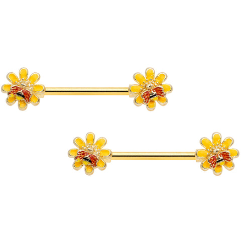 14G 9/16 Yellow Red Gold Tone Bee Flower Barbell Nipple Ring Set