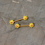 14G 9/16 Yellow Red Gold Tone Bee Flower Barbell Nipple Ring Set