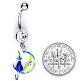 Clear Gem Blue Witch Cat Moon Halloween Dangle Belly Ring
