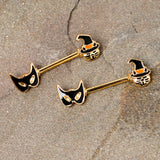 14G 9/16 Gold Tone Witch Cat Halloween Barbell Nipple Ring Set