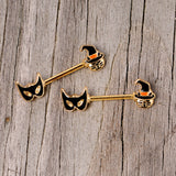14G 9/16 Gold Tone Witch Cat Halloween Barbell Nipple Ring Set