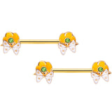 14G 9/16 Green Gem Gold Tone Butterfly Barbell Nipple Ring Set