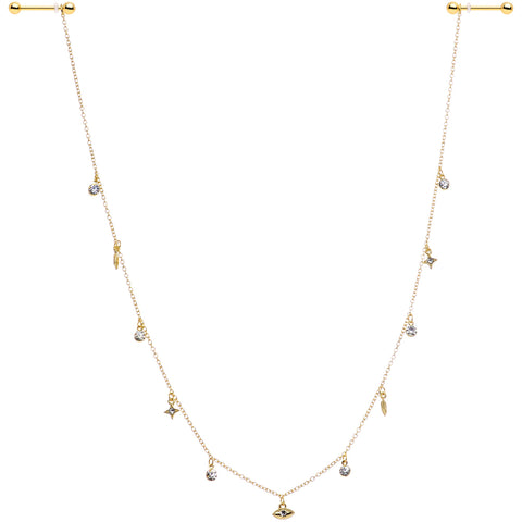 14G 9/16 Clear Gem Gold Tone Eye Star Feather Dangle Nipple Chain