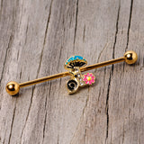14G Gold Tone Snail Flower Magic Mushroom Industrial Barbell 38mm