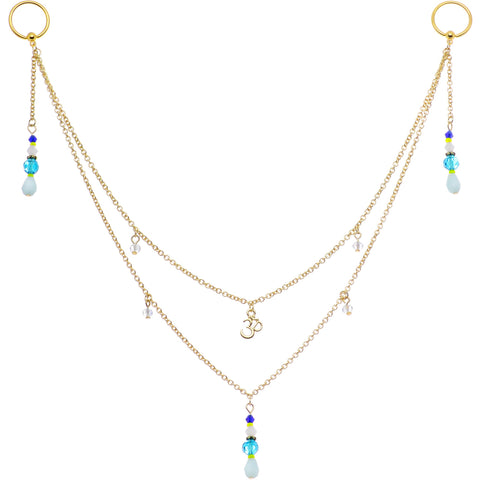 14G 9/16 Gold Tone Om Blue Beads Captive Ring Dangle Nipple Chain