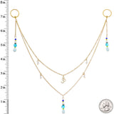 14G 9/16 Gold Tone Om Blue Beads Captive Ring Dangle Nipple Chain