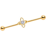 14G Clear CZ Gem Gold Tone Open Flower Industrial Barbell 38mm
