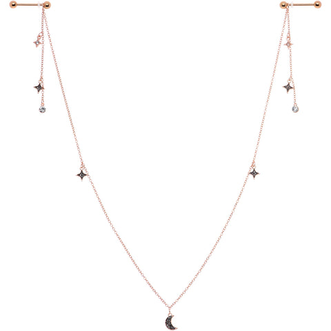 14G 9/16 Black Gem Rose Gold Tone Moon Dangle Nipple Chain