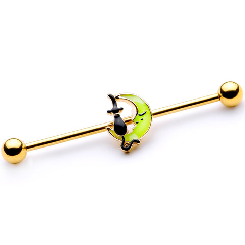 14G Gold Tone Black Cat Moon Halloween Industrial Barbell 38mm