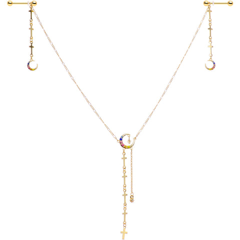 14G 9/16 Blue Pink Gem Gold Tone Moon Cross Dangle Nipple Chain