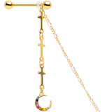 14G 9/16 Blue Pink Gem Gold Tone Moon Cross Dangle Nipple Chain