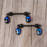 14G 9/16 Blue Gem Sugar Skull Halloween Dangle Nipple Ring Set