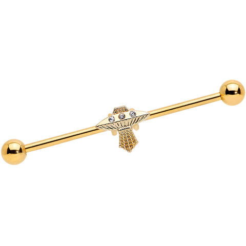 14G Clear Gem Gold Tone Alien UFO Beam Industrial Barbell 38mm