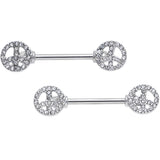 14G 9/16 Clear Gem Retro Peace Sign Barbell Nipple Ring Set
