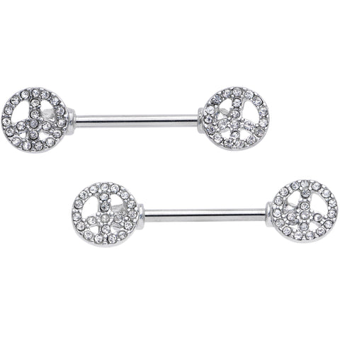 14G 9/16 Clear Gem Retro Peace Sign Barbell Nipple Ring Set