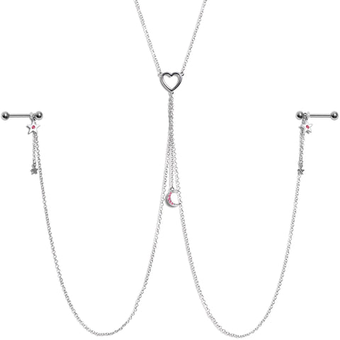 14G 5/8 Pink Gem Moon Heart Star Nipple Chain Necklace