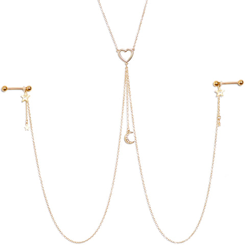 14G 5/8 Aurora Gem Gold Tone Heart Star Nipple Chain Necklace