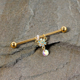 14G Aurora Gem Gold Tone Flower Dangle Industrial Barbell 38mm