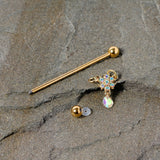 14G Aurora Gem Gold Tone Flower Dangle Industrial Barbell 38mm