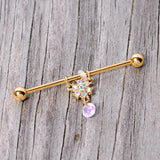 14G Aurora Gem Gold Tone Flower Dangle Industrial Barbell 38mm
