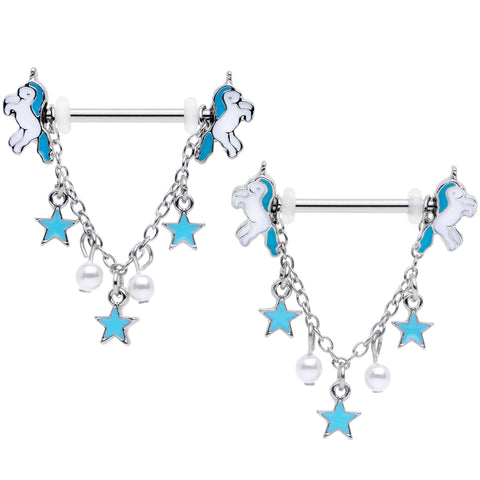 14G 5/8 Blue White Unicorn Star Chain Dangle Nipple Ring Set