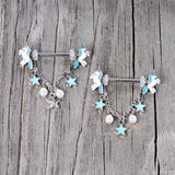 14G 5/8 Blue White Unicorn Star Chain Dangle Nipple Ring Set