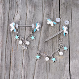 14G 5/8 Blue White Unicorn Star Chain Dangle Nipple Ring Set