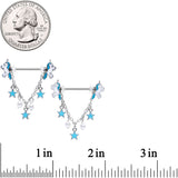 14G 5/8 Blue White Unicorn Star Chain Dangle Nipple Ring Set