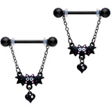 14G 5/8 Clear Gem Black Bat Halloween Dangle Nipple Ring Set