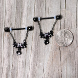 14G 5/8 Clear Gem Black Bat Halloween Dangle Nipple Ring Set